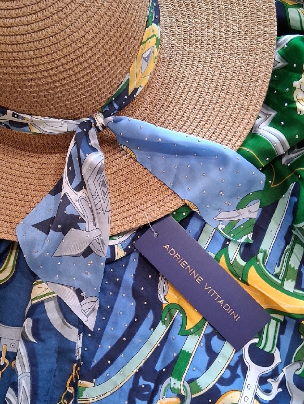 Adrienne Vittadini Blue, Green & Navy Silk Resort Kimono &  Straw Hat Set. NWT. - Picture 15 of 16